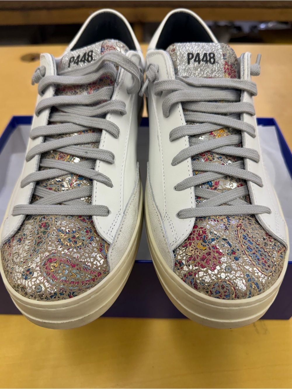 P448 White Leather Low-Tops with Multicolor paisley Metallic Pattern